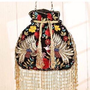 $259 MSRP - Ramla MUMBAI Hand-Embroidered Bag - BLACK, GOLD & MULTICOLOR Floral